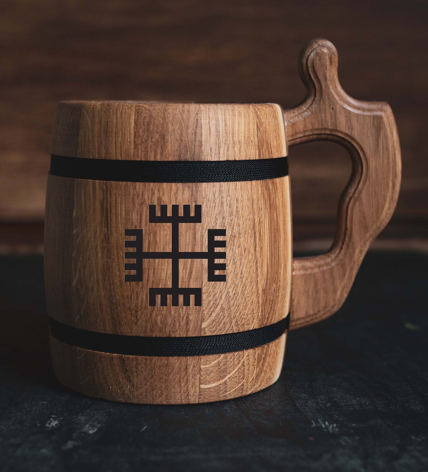 Slavic Hands of Svarog – Engraved Oak Wooden Beer Mug