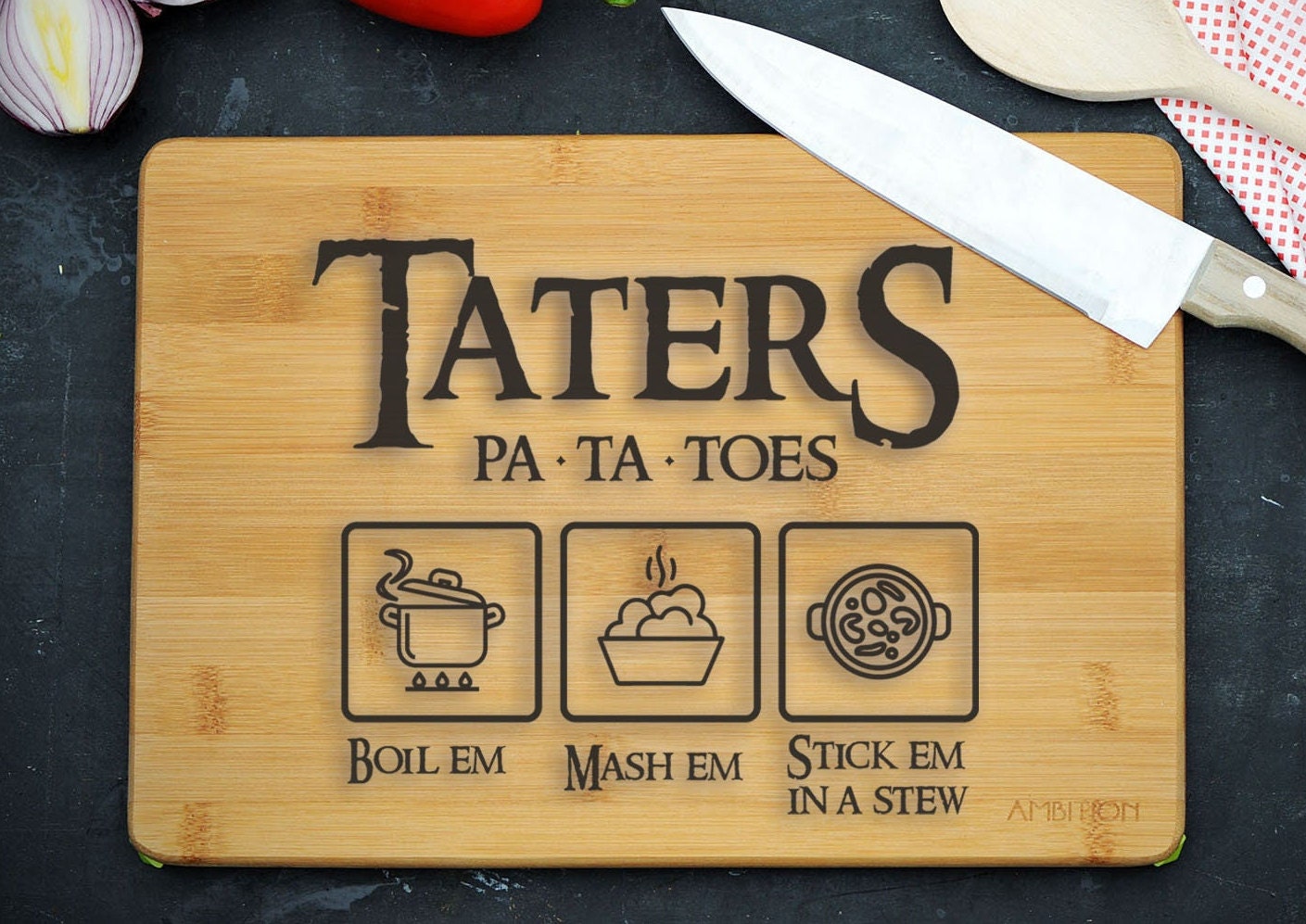 Lord of the Rings Engraved Wooden Chopping Board – “Po-ta-toes” Cheese & Serving Board for Hobbit Fans
