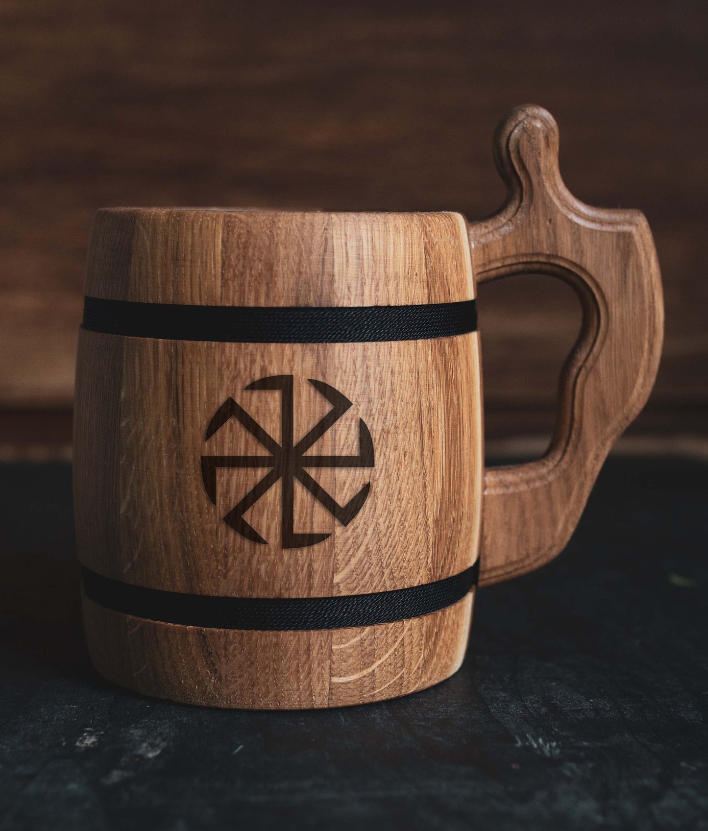 Kolovrat Slavic Symbol – Oak Wooden Beer Mug for Pagan & History Fans