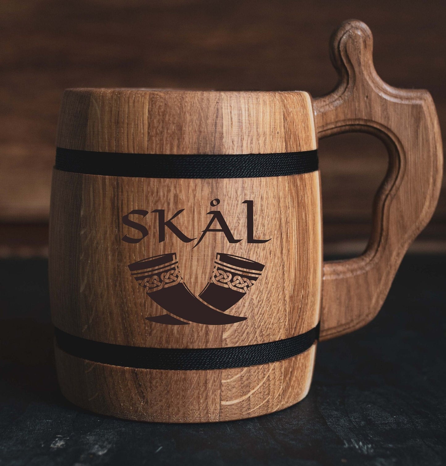 Skål Viking Beer Mug – Oak Wooden Tankard 0.6L for Norse Fans
