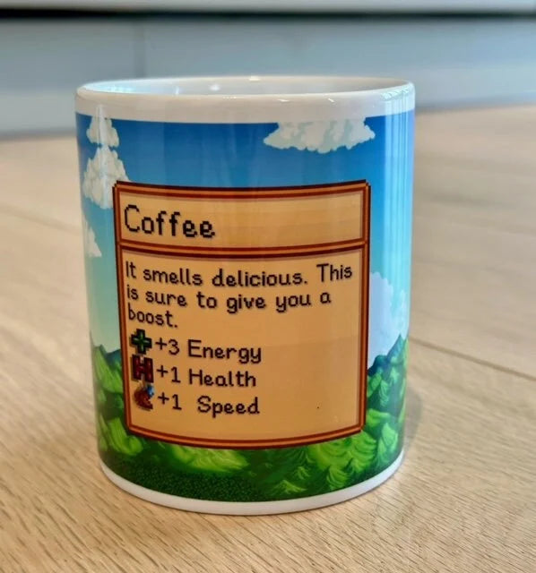 Stardew Valley Coffee Mug โ Gamer Gift with Coffee Stats