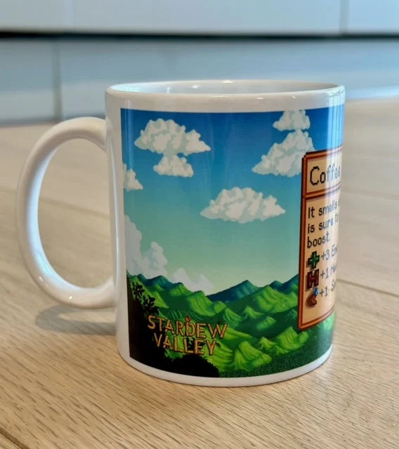 Stardew Valley Coffee Mug โ Gamer Gift with Coffee Stats