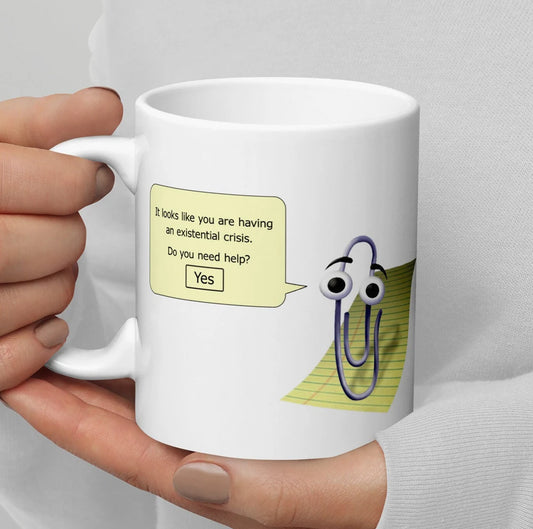 Clippy Mug – Existential Humor – Office Nostalgia – Vintage Tech Meme – Humorous Ceramic Mug